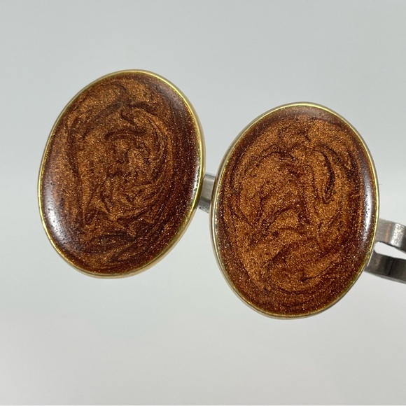 Goldette Copper Swirl Resin Earrings - Silver Oval Bezels pouter Swirls Clip On - Picture 1 of 7